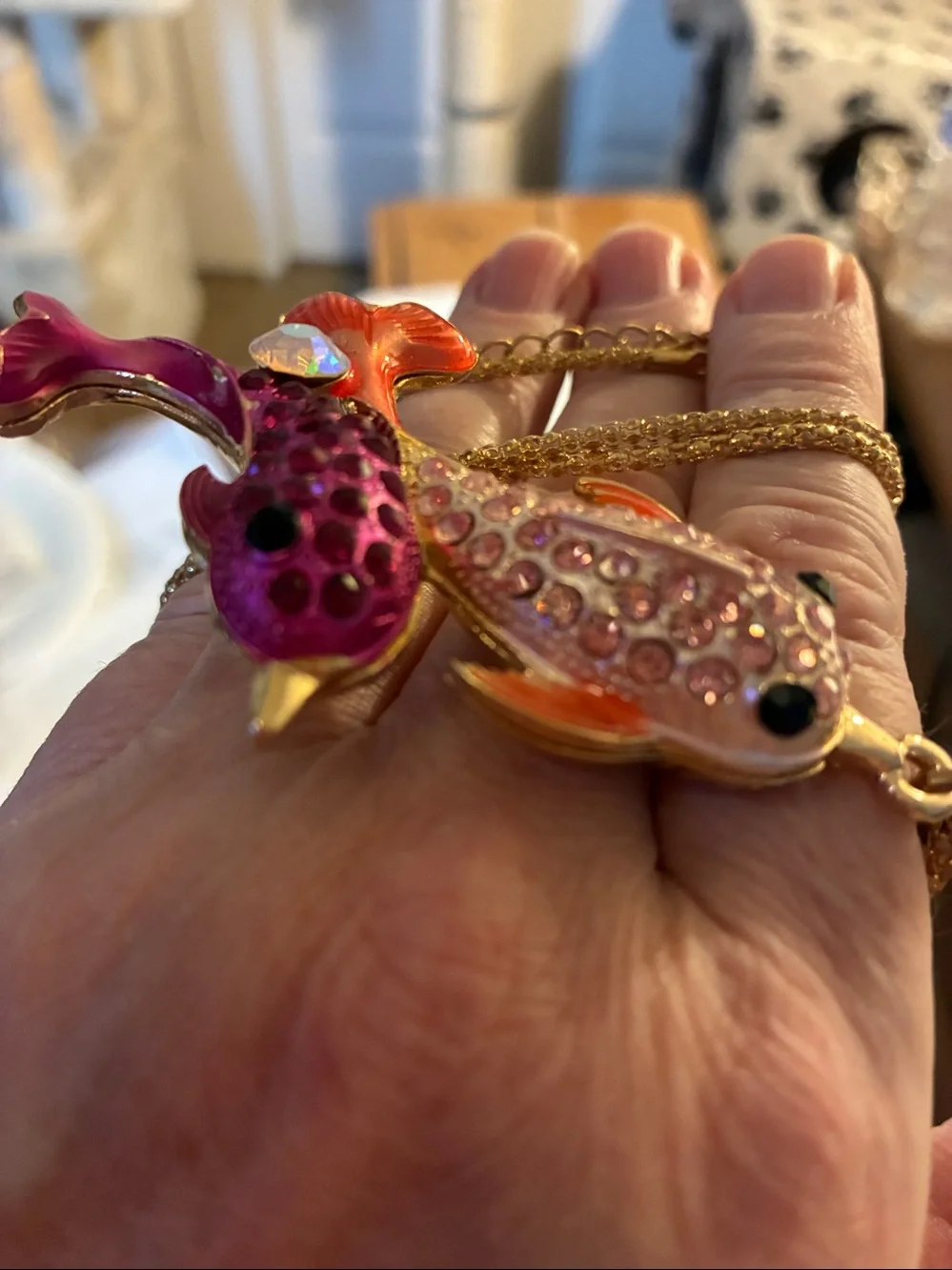 Dolphins swimming together Necklace in Pink and Orange